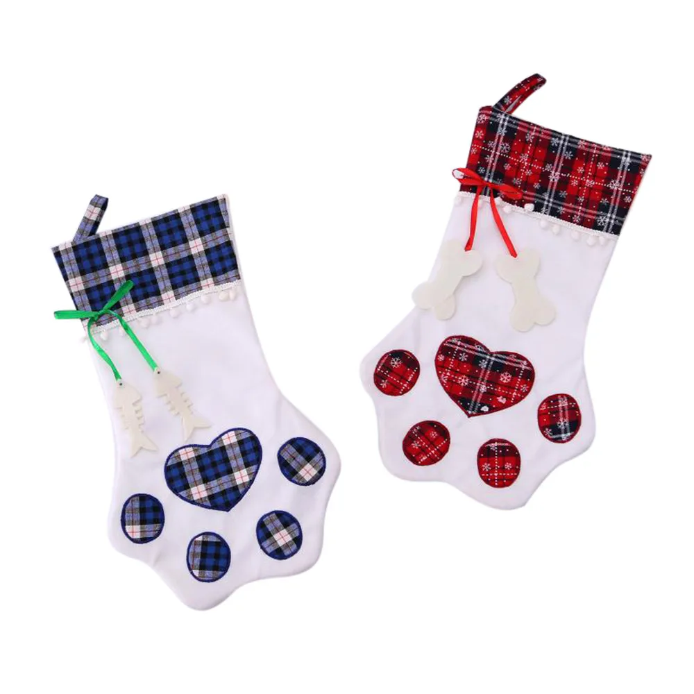 Plaid Christmas Gift Bags Pet Dog Cat Paw Stocking Socks Xmas Tree Ornaments Interior Decor Bowknot Doll New Year | Дом и сад
