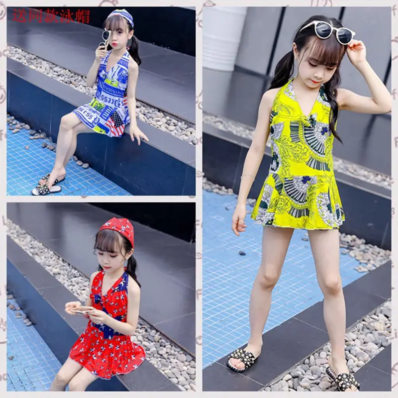 Girls Swimwear Halter Top Lovely High-Collared Lace Overall Mini Dress Novelty Clothes 2019 Summer Print | Детская одежда и обувь