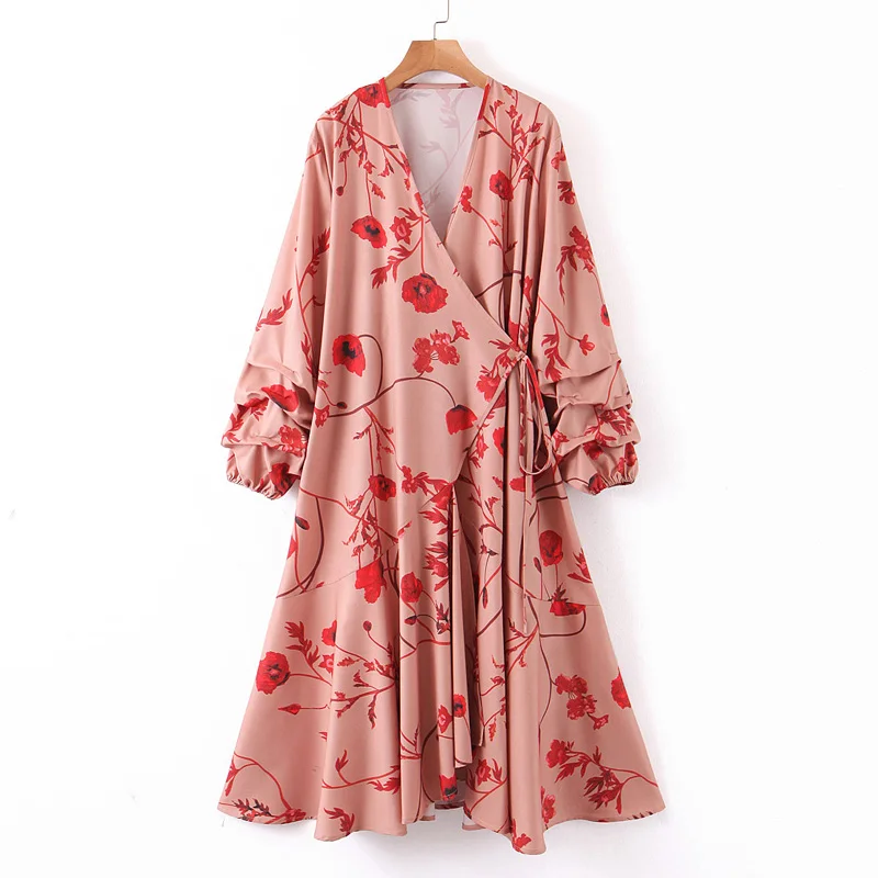 

RR V Neck Dresses Women Fashion Chinese Style Printed Dress Women Elegant Tie Belt Mid Calf Dresses Female Ladies LZ