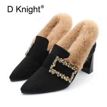 

Winter New Fashion Shallow Pumps Woman Shoes Comfortable Slip On Black Beige Ladies High Chunky Heels Shoes Plus US Size 3.5-9