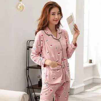 

Fdfklak New Womens Pajamas Sleepwear Nighties 2020 Spring New Pyjama Set Long Sleeve Pink Pijamas M-XXL Plus Size Pajamas