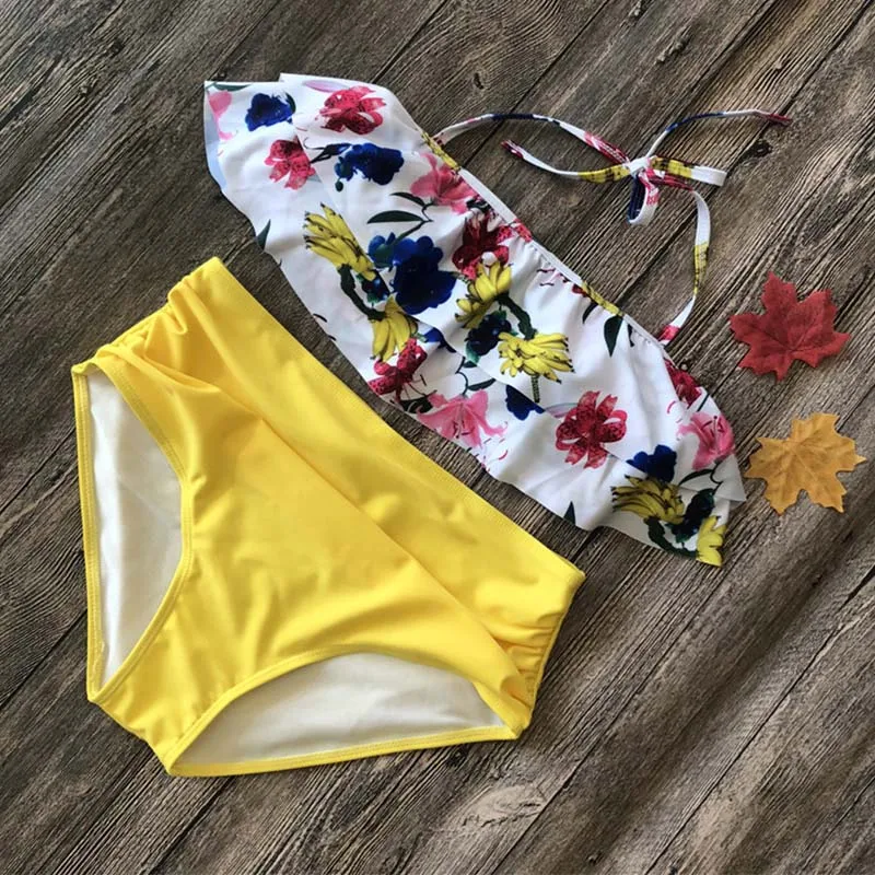 02 Купальник с высокой талией, новинка, бикини с принтом в виде листьев, женский купальник, Ретро стиль, купальный костюм с лямкой через шею, бикини, Maillot de bain femme - Цвет: 02