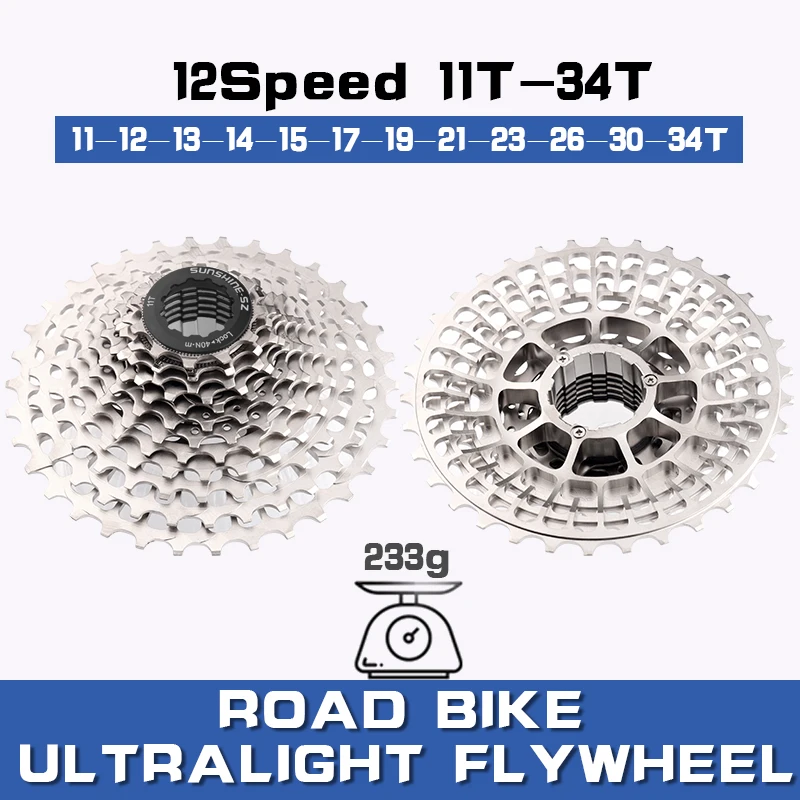 SUNSHINE Ultralight 12 Speed Cassette Road Bike 11T-28T/32T/34T 12V Flywheel K7 12S Freewheel for Shimano M6100