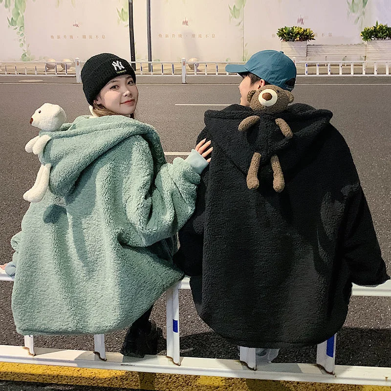 

2021 Men's Couple Clothes Lamb Parkas Wool Thickened Bear Design Cotton-padded Clothes Hooded Snow Jackets 3 Color Trench