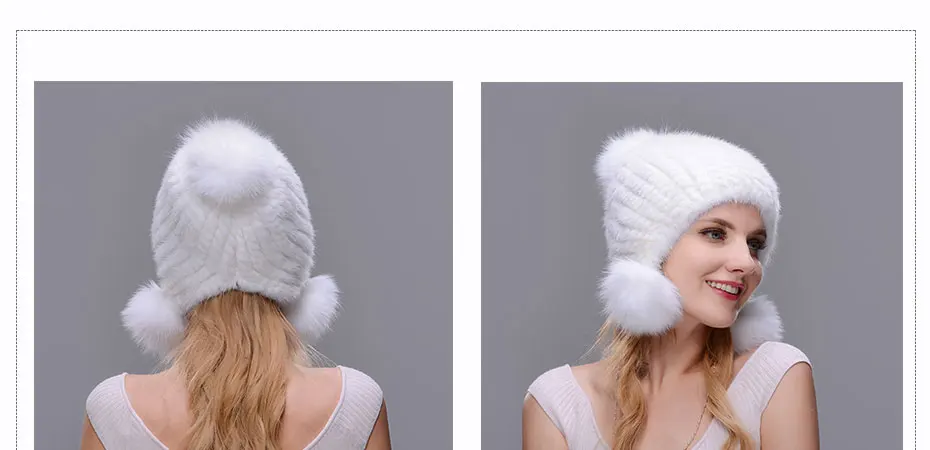 JINBAOSEN frauen Pelz hute Gestrickte Real Nerz Pom Poms mutzen Mode Dicke Warme в зимних шапках Mit 3 fuchs Pelz Kugeln Новинка
