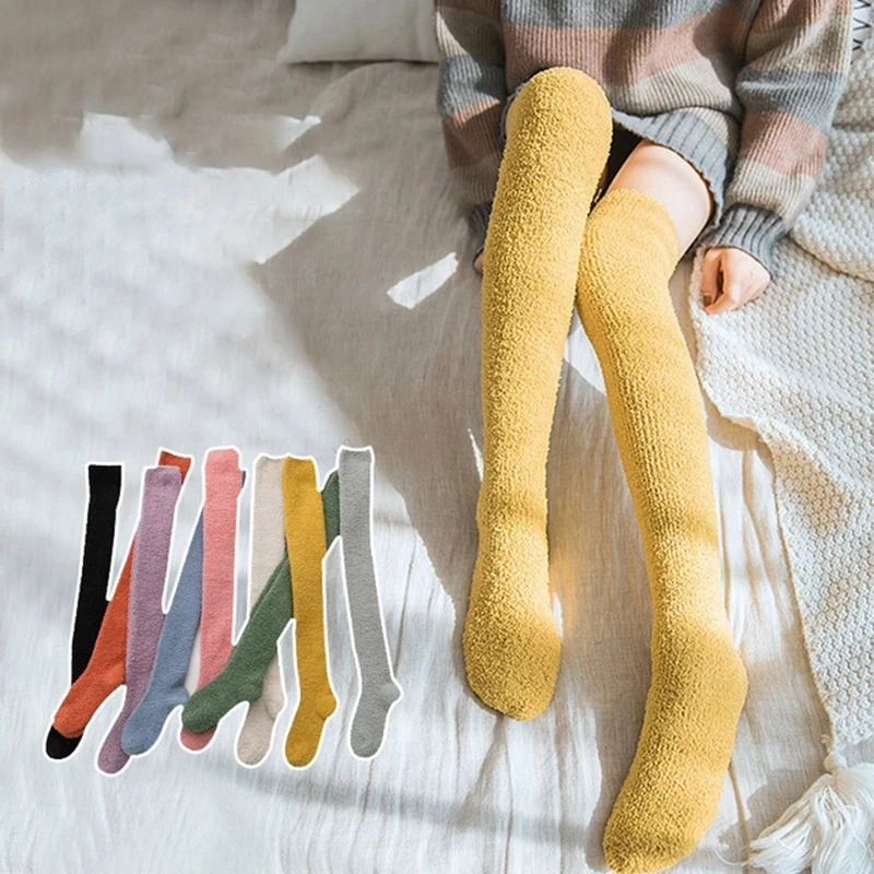 

Helisopus Warm Coral Fleece Stockings Women Winter Warm Thigh High Stockings Thicken Velvet Long Socks Soft Fluffy Knee Socks