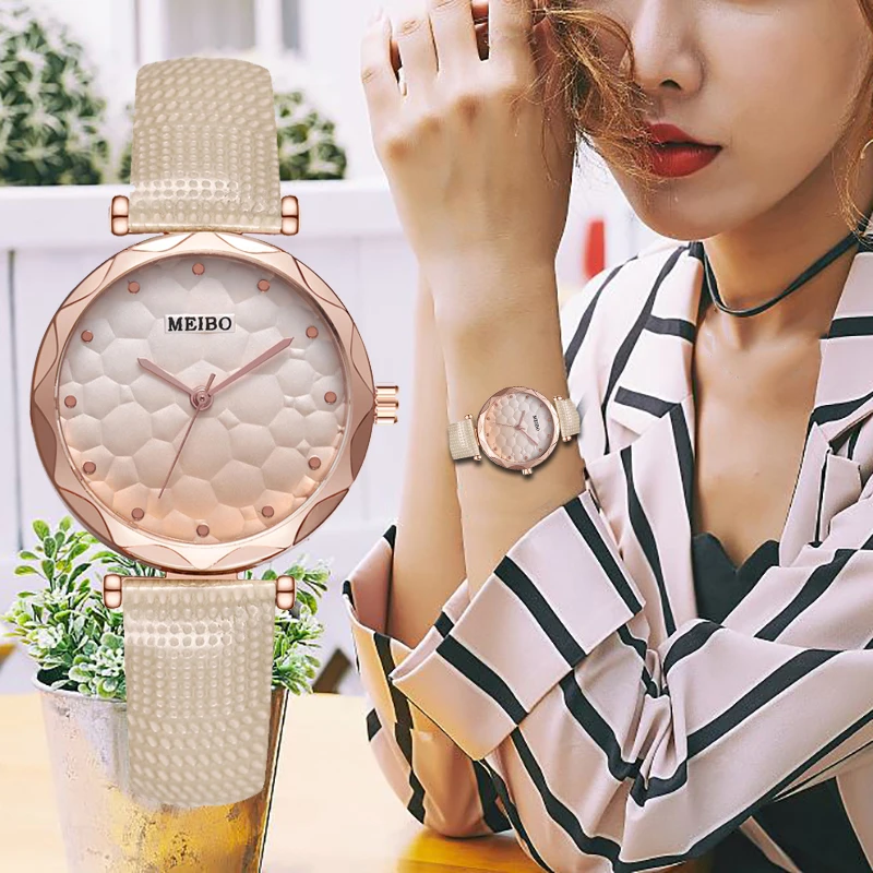 

Luxury Women Watches Leather Metal Pointer Creative Gradient Relief Surface Fashion Simple Ladies Wrist Watches relogio