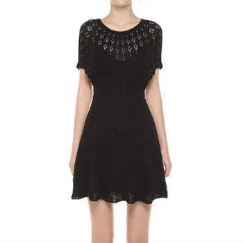 

Black Color Women's Knitted Mini Dress Two-piece O-neck Hollow Out A-line Batwing Short Sleeve Waist Dress