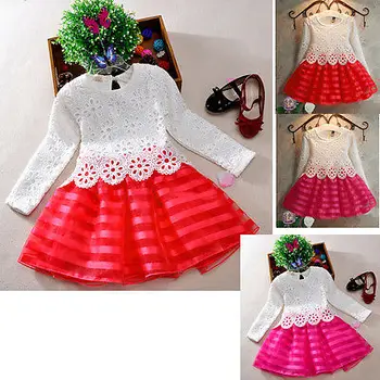 

2020 Hot-Selling Baby Kids Girls Crochet Lace Flower Party Dress Princess Long Sleeve Tutu Dress Age 3-8Y 3 Colors