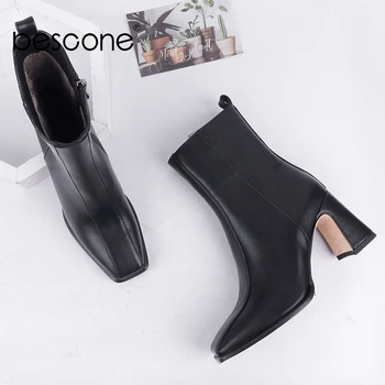 

Bescone Mature Winter Ankle Boots Woman Genuine Leather Square Toe Boots Ladies High Hoof Heel Slip-on Short Boots BC835