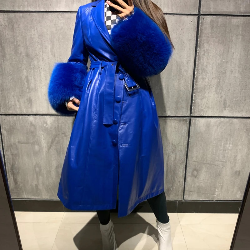 ladies leaher coat long women genuine leather windbreak