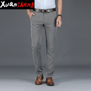 

Xuansheng straight casual pants 2020 classic thick business work black blue gray army green elastic striped design casual pants