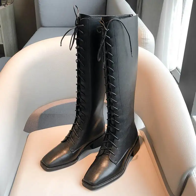 Krazing pot genuine leather square toe med heels women knee-high boots elegant lace up fashion office lady warm winter shoes L38