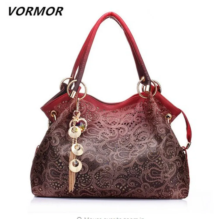 

Women's Handbag Faux Leather Textured Ethnic-Style Hollow out Embroidery WOMEN'S Bag Peacock Pattern Pendant Shoulder Large Bag