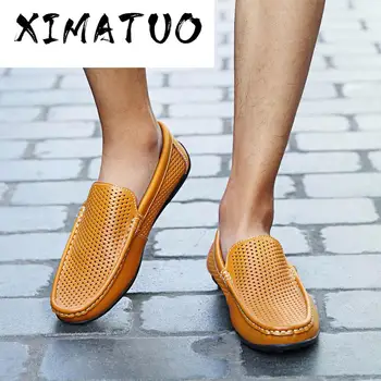 

Summer Genuine Leather Men Casual Shoes Luxury Brand Mens Loafers Moccasins Hollow Out Breathable Slip On Driving Shoes