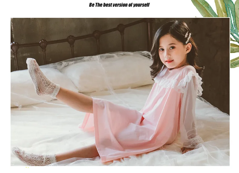 Girls baby long sleeve palacess style sleep dress lace patchwork pink pricess home clothes children cotton sleep wear  ws1393 Sleepwear & Robes comfortable