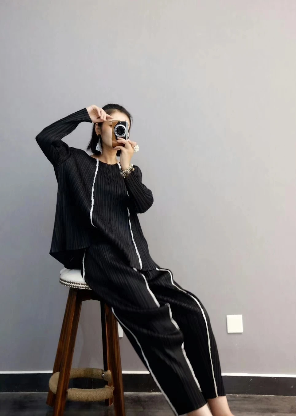 Miyake fashion suit fold o-neck long sleeve T-shirt+ nine points Harem pants two-piece outfit IN STOCK