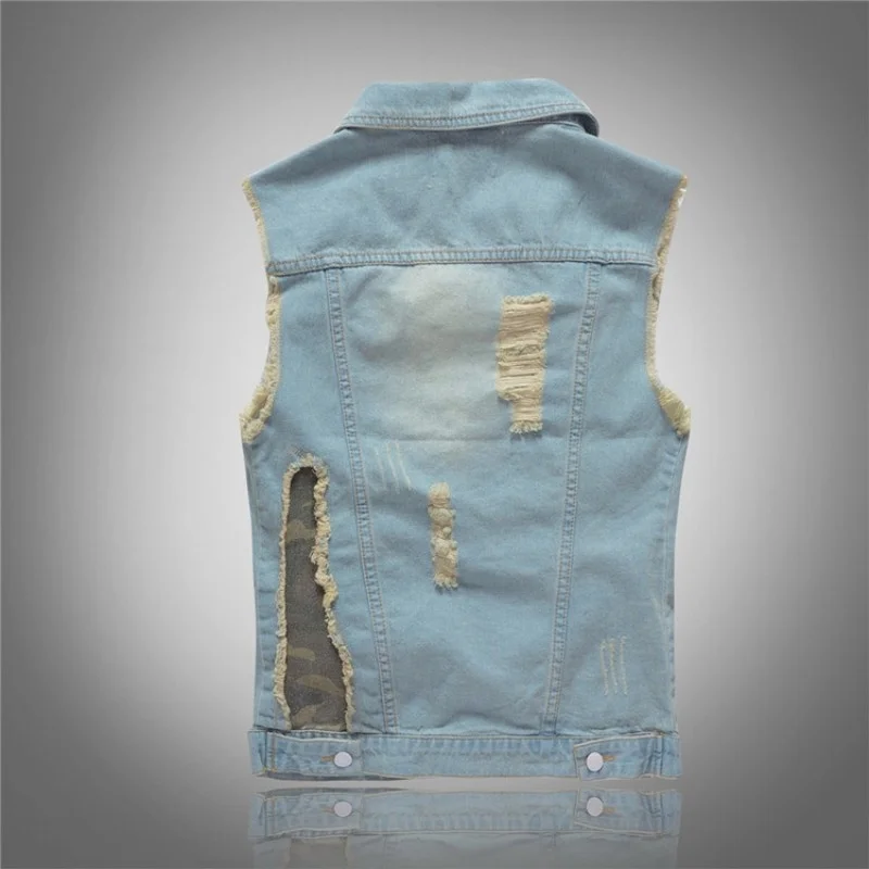 

Slim Korean Plus Size 4XL 5XL Men Denim Vests Sleeveless Frayed Patchwork Hole Quality Jean Jackets Waistcoat Fashion Streetwear