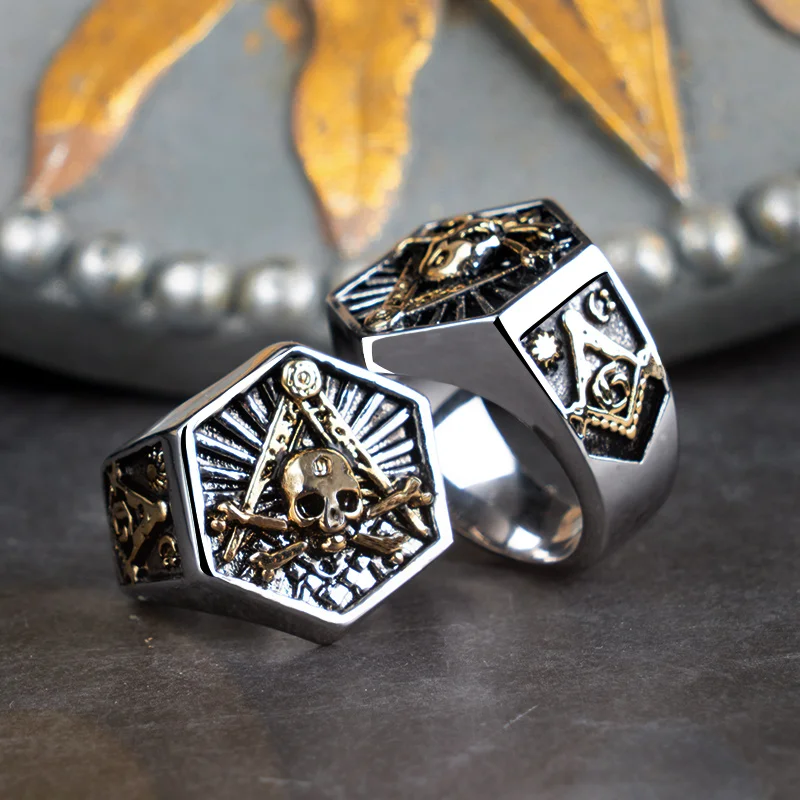 Masonic Ring For Men Hexagon Skull Stainless Steel Freemason Totem ...