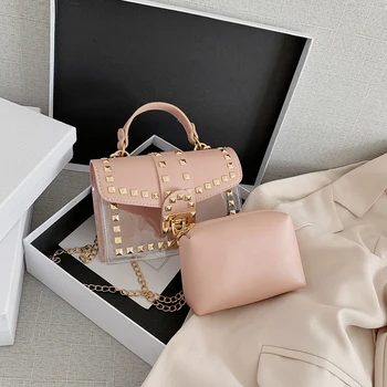 

Fashion Rivet Transparent PVC Shoulder Bag Women PU Leather Travel Crossbody Messenger Bags Clutch Totes Composite Set