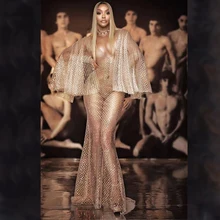 Сетка Перспектива со сверкающими блестками длинное платье вечернее платье со стразами день рождения, празднование костюм для певицы для сцены одежда L2308