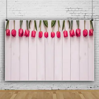 

Laeacco Red Tulip Flowers Gray Wooden Board Product Show Video Photography Background Baby Photo Backdrops Photocall Photophone