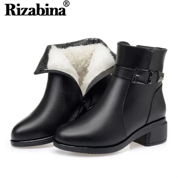

RIZABINA New Warm Women Ankle Boots Winter Warm Genuine Leather Shoes Solid Color Round Toe Buckle Women Footwear Size 35-43
