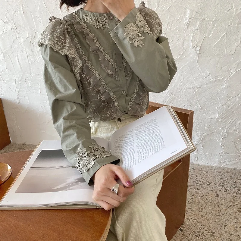REALEFT Spring Lace Patchwork Women's Shirts Female Blouse Long Sleeve Stand Collar Korean OL Style Women Elegant Blouses