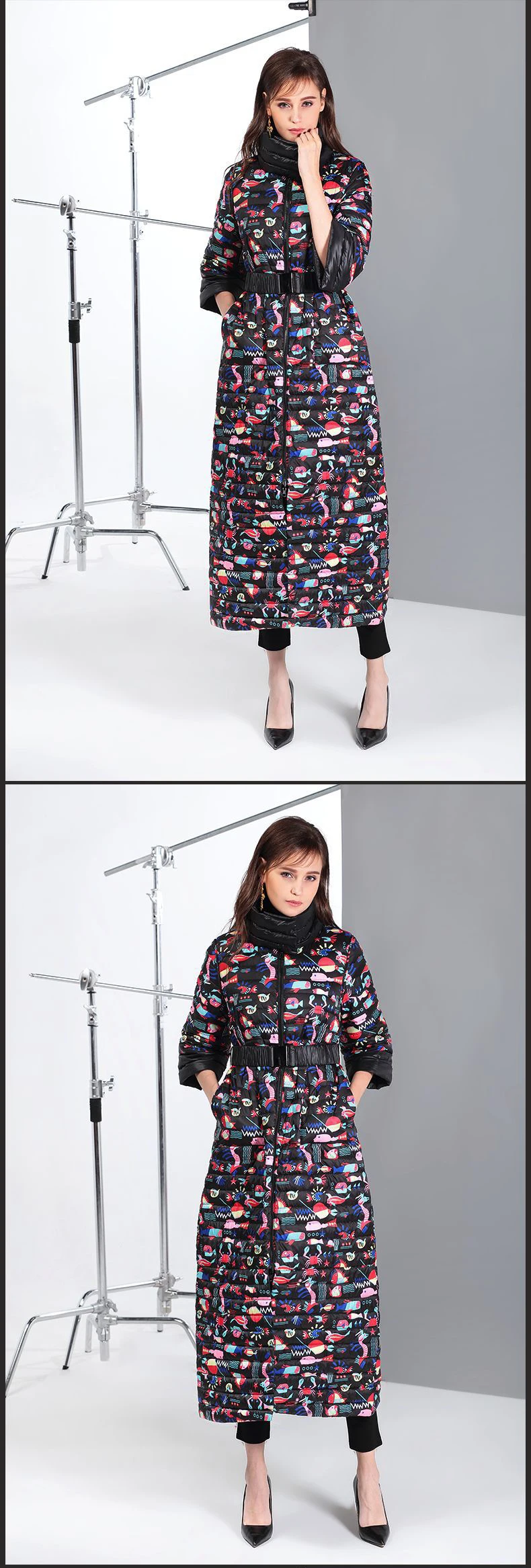 Winter down coat high quality 90% white duck down thick warm cartoon print retro slim front and back can wear women's coat
