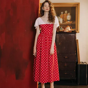 

Original Design AIGYPTOS Women Summer Elegant Slim Red Dresses Vintage Hepburn Style Polka Dots Chiffon Dresses Long Dresses