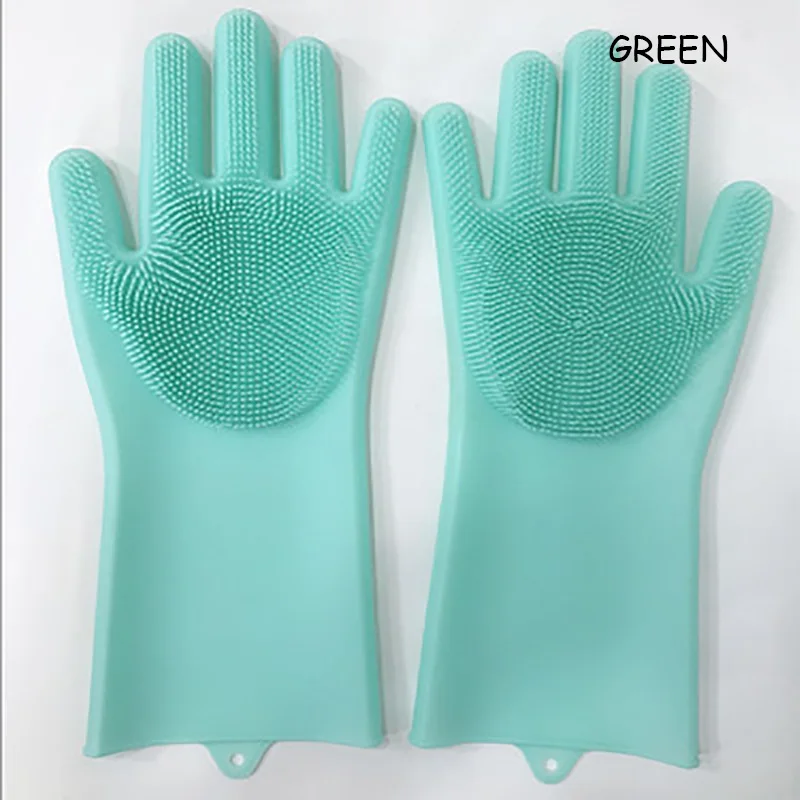 Green Силикагель варежки для мытья посуды перчатки щетки утолщенные перчатки водонепроницаемые Волшебные кухонные принадлежности бытовые теплоизоляционные перчатки 1 пара - Цвет: Green
