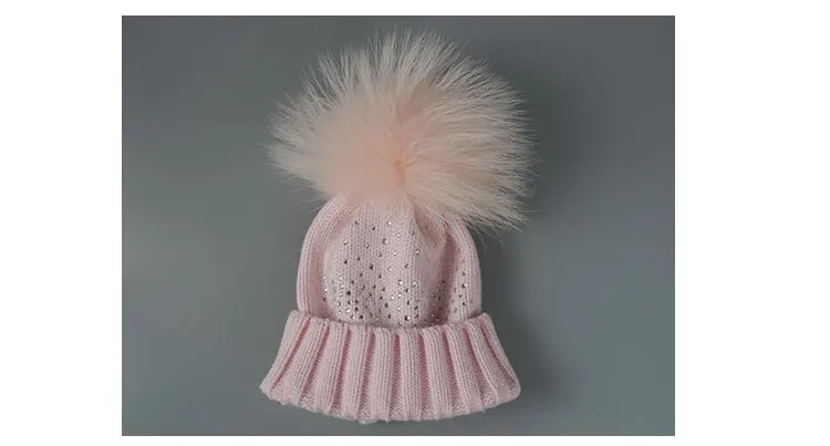 От 6 месяцев до 2 лет зимняя шапка со стразами для маленьких девочек с пушистым натуральным мехом, помпоном из шерсти, качественные детские шапки для девочек
