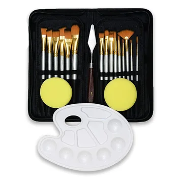 

Paint Brush Set - 19 Pcs Includes Palette Knife 2 Sponges and Paint Palette Different Shapes Size Paint Brushes