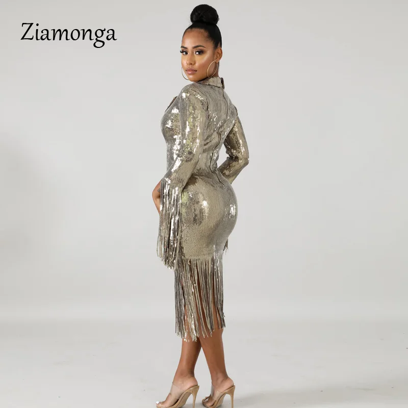 Ziamonga, золотые Блестящие Блестки, кисточки, сексуальные платья для вечеринок, женское Бандажное платье с длинным рукавом, элегантное Клубное платье, Прямая поставка
