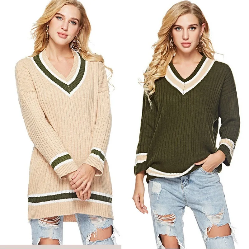 

Women Sweater Autumn Winter Tops Collar Long-sleeved Women Casual Sweater Top Thick Knitting Jumper Pull Striped Sweater