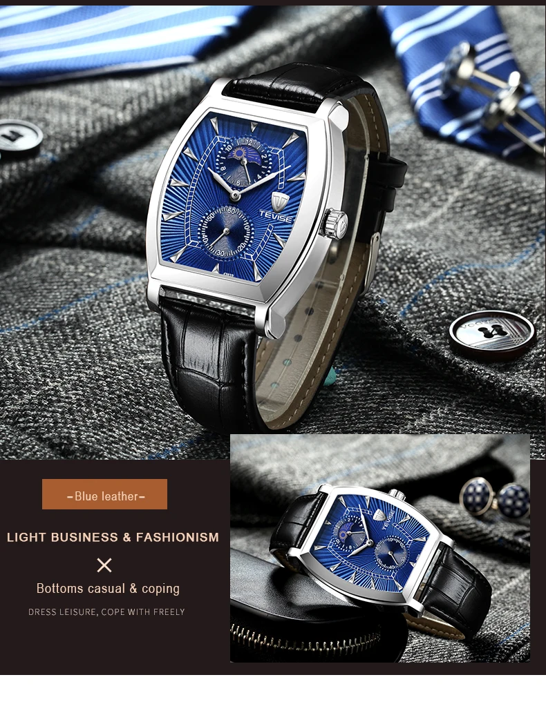 TEVISE 8383S мужские часы Moon Phase настоящие водонепроницаемые кварцевые часы с кожаным ремешком Мужские повседневные наручные часы Relogio Masculino