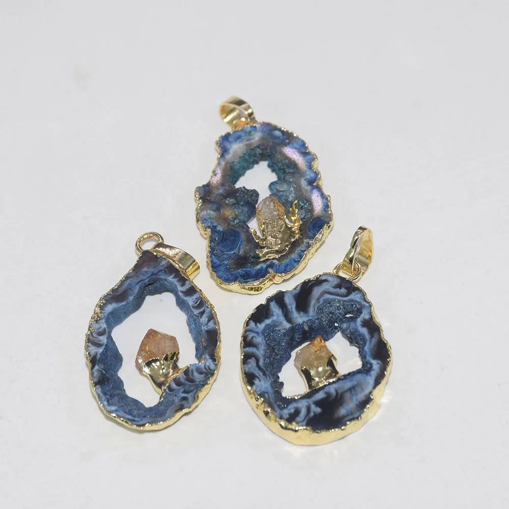 Модные ювелирные изделия натуральный срез Агаты Жеода Друза кулон с синим отверстием в полоску неправильный камень кулон для женщин аксессуары