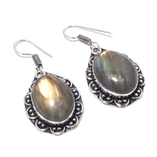 Labradorite Earrings Silver Overlay over Copper, USA Size 46 mm, E414