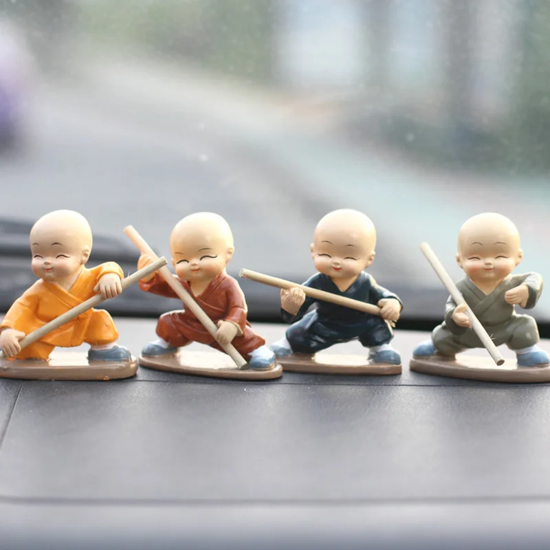 Shaolin kung fu boy resin miniature figurines stick Buddhist monk resin  figurines car decoration kids gift souvenir home decor