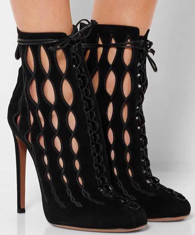 

Twist Embroidery Cut Out Lace up Ankle Boots Thin Heel Lace Up High heel Fashion Boot Ladies Black Faux Suede Short Boots