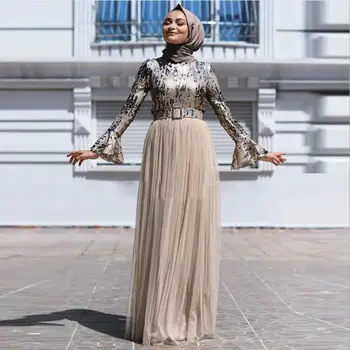 

Muslim abayas sequined beading islamic kimono abaya Arab muslim abaya Dress Musical Robe prayer big swing dress with belt F1063