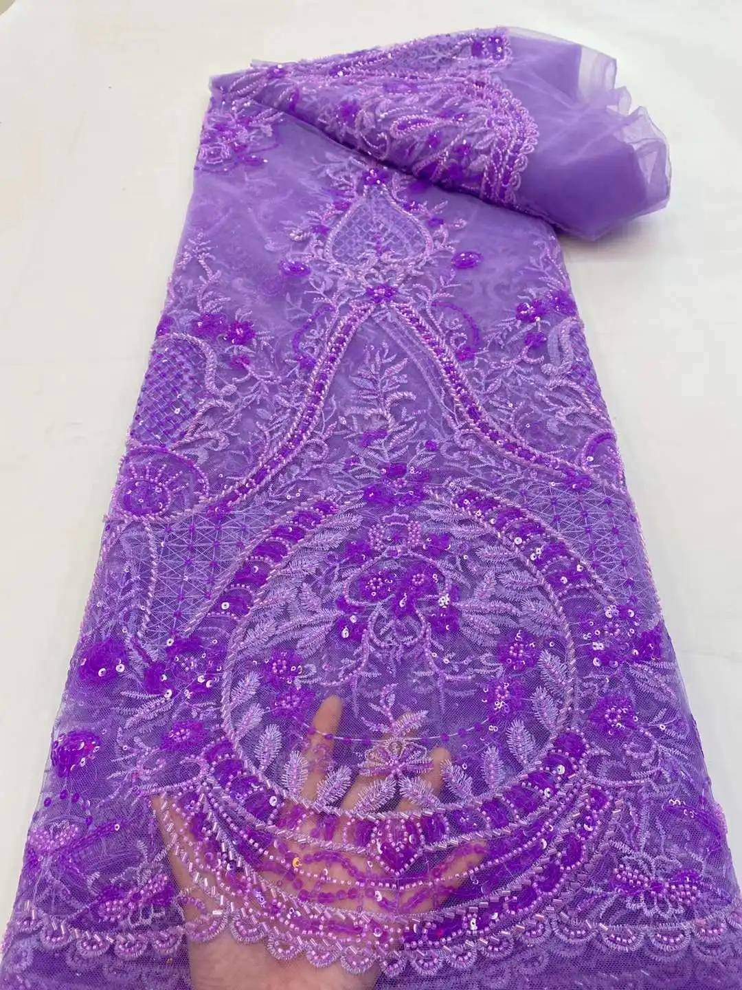 

African Material Factory 31K-1801 French Net Lace with Pearls and Sequins Top Sales Embroidered Tulle Fabric for Bridal Dress