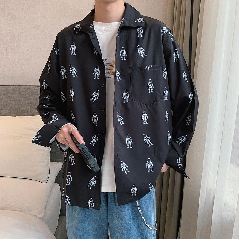 Spring Shirt Men s Fashion Cartoon Printed Casual Shirt Men Streetwear Wild Loose Long sleeved Shirts 3