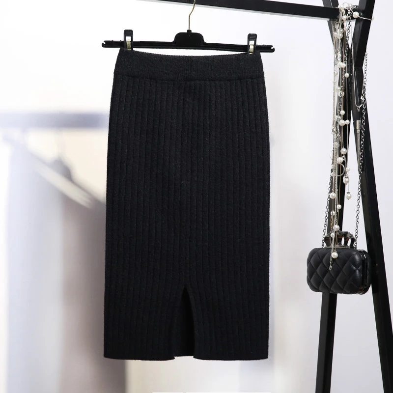 Ceny Damski Bodycon z rozcięciem, dziergana spódnica jesień biały wysokiej talii ołówkowe spódnice midi kobiety 2019 zima elegancki Knitting dna kobieta