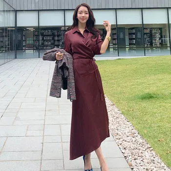 

Foamlina Casual Women Long Dress 2019 Turn Down Collar Long Sleeve Buttons Sash Wrap Irregular Office Lady Work Split Long Dress