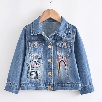 

Children's Clothing Teenager Girls New Fashion Coats Cartoon Outerwear Girl Cat Rainbow Embroidery Jackets Jeans Top