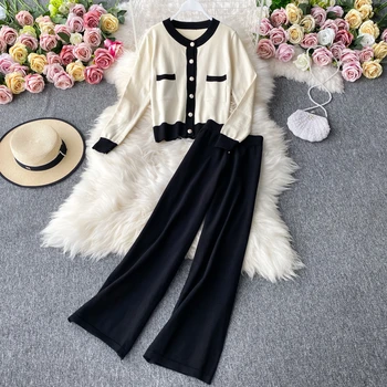 

Spring autumn 2020 Knitted Suit 2 Piece Set Women Cropped Cardigan Coat+high Waist Wide Leg Pants Female Two Piece Sets TZ467