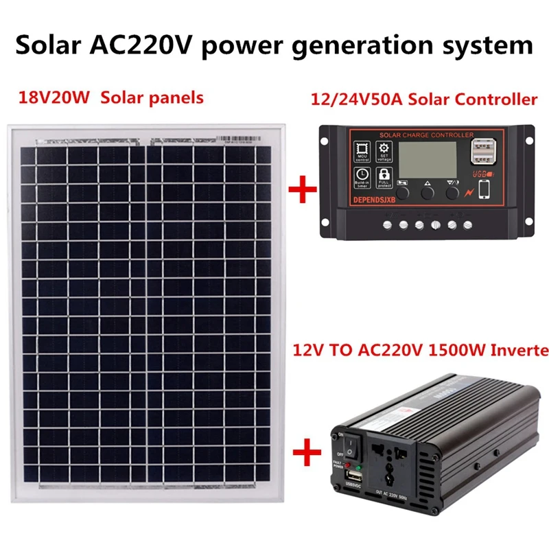 HLZS-18V20W солнечная панель+ 12 В/24 В контроллер+ 1500 Вт Инвертор Ac220V комплект, подходит для наружного и домашнего использования Ac220V Солнечная энергия-Sa