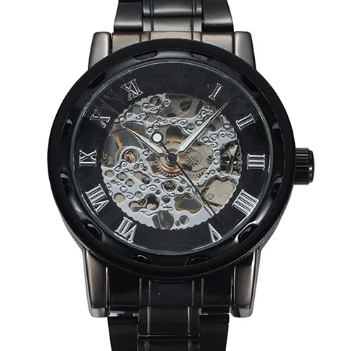 Men Skeleton Roman Numerals Hollow Dial Stainless Steel Band Mechanical Watch