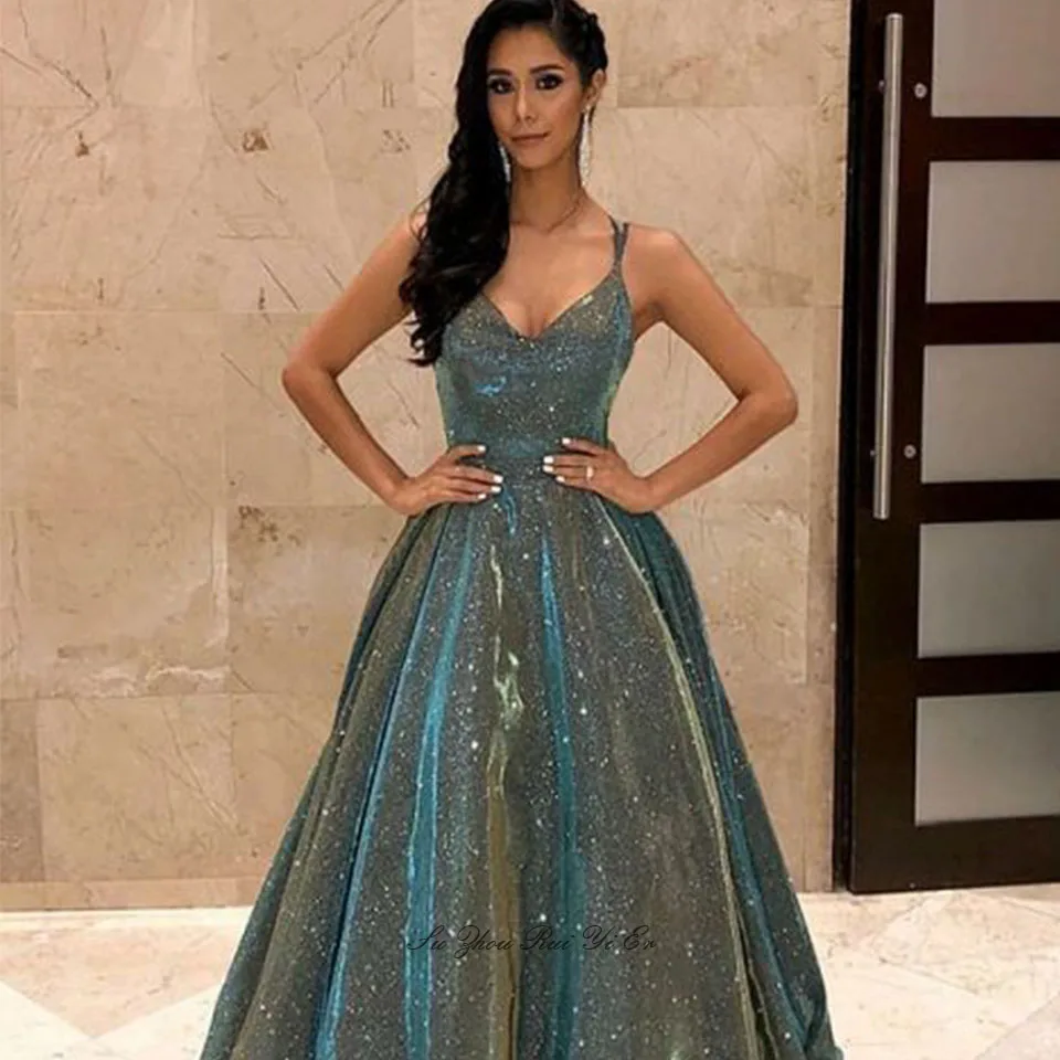 

Sexy V-neck Prom Dresses 2019 Spaghetti Straps Long Dress For Party Criss-Cross Back Floor Length A-line Formal Evening Gown